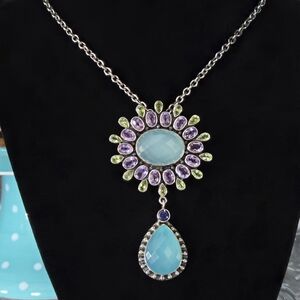 NICKY BUTLER 925 Sterling Silver Designer Necklace Blue Chalcedony Pin Brooch 🩵